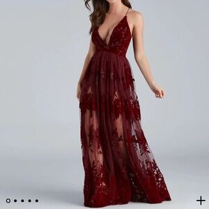 Windsor formal flocked floral dress in burgundy